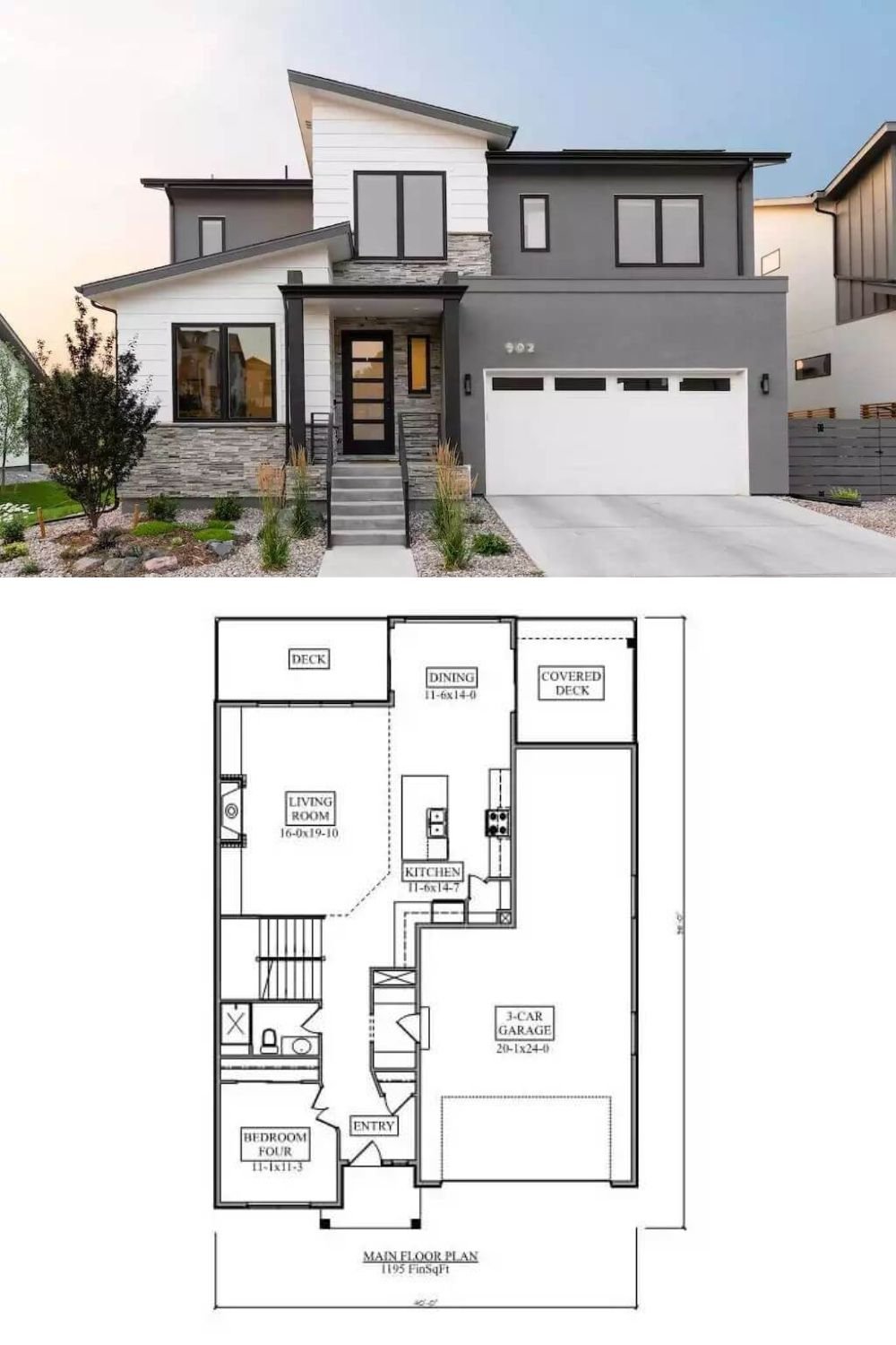 This striking modern home stands out with its bold architectural lines and clean contrast in materials. A sharp asymmetrical roofline crowns the structure, while the use of crisp white siding, smooth gray stucco, and natural stone accents creates visual depth and sophistication. The front entry is elevated and marked by sleek horizontal windows and a full-glass door under a minimalist awning.