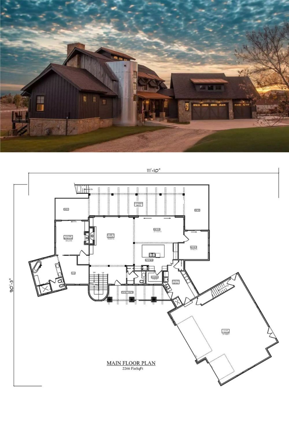 This farmhouse-style residence exudes rustic elegance with a bold, modern twist. Dark vertical siding, stone accents, and a soaring metal silo structure create a dramatic and unique facade. The home’s multi-pitched roofline and oversized windows lend architectural interest while blending traditional rural charm with contemporary refinement. A large three-car garage anchors the structure and enhances the grand, lodge-like presence of the exterior.