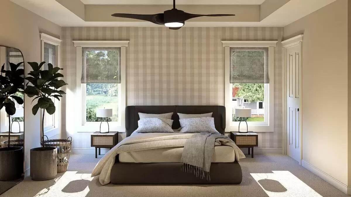 Calming Bedroom Atmosphere with Neutral Tones and Checkerboard Accent