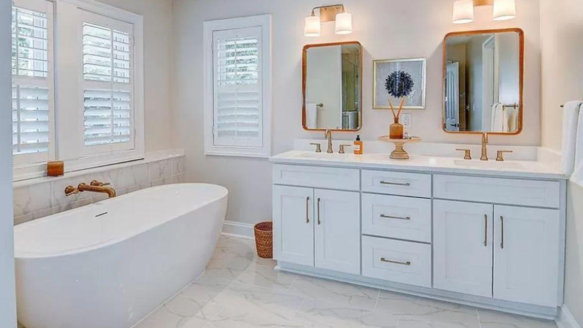 Modern Craftsman Bathroom with Freestanding Tub