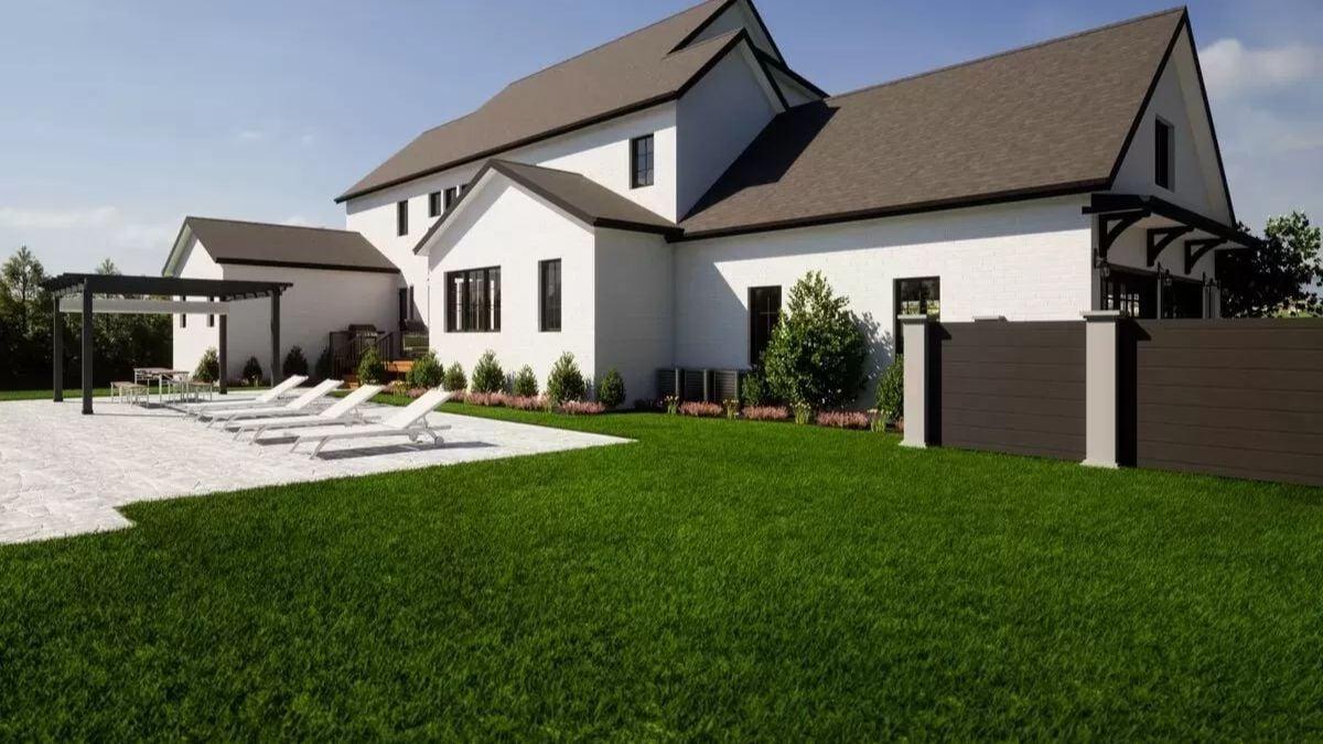 Admire the Expansive Lawn and Pergola Lounge in This Modern Farmhouse