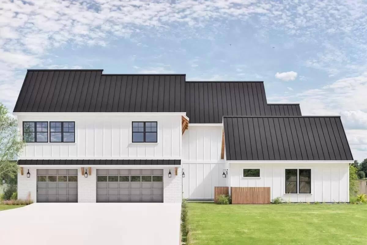 Sleek Farmhouse Facade with Bold Black Metal Roofing