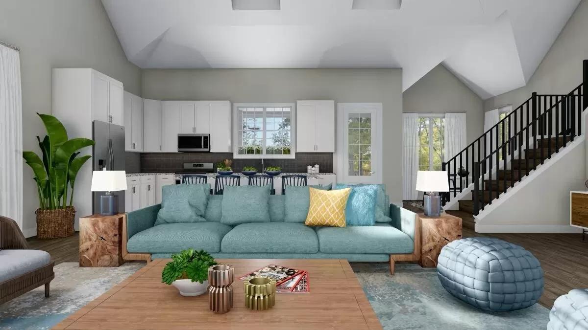 Open Living Room with Vibrant Sofa and a Versatile Kitchen Island