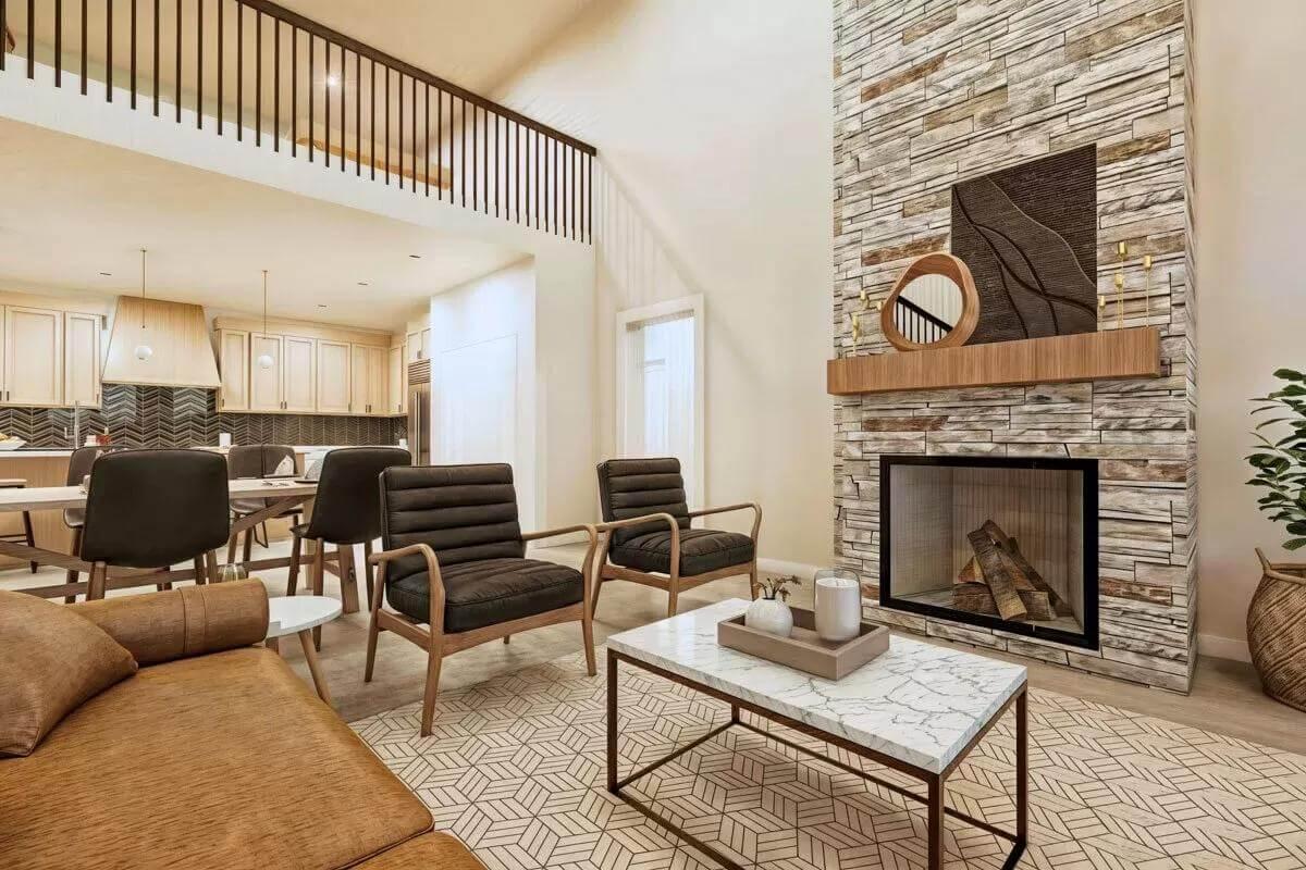 Look at the Textured Stone Fireplace Anchoring This Modern Living Room