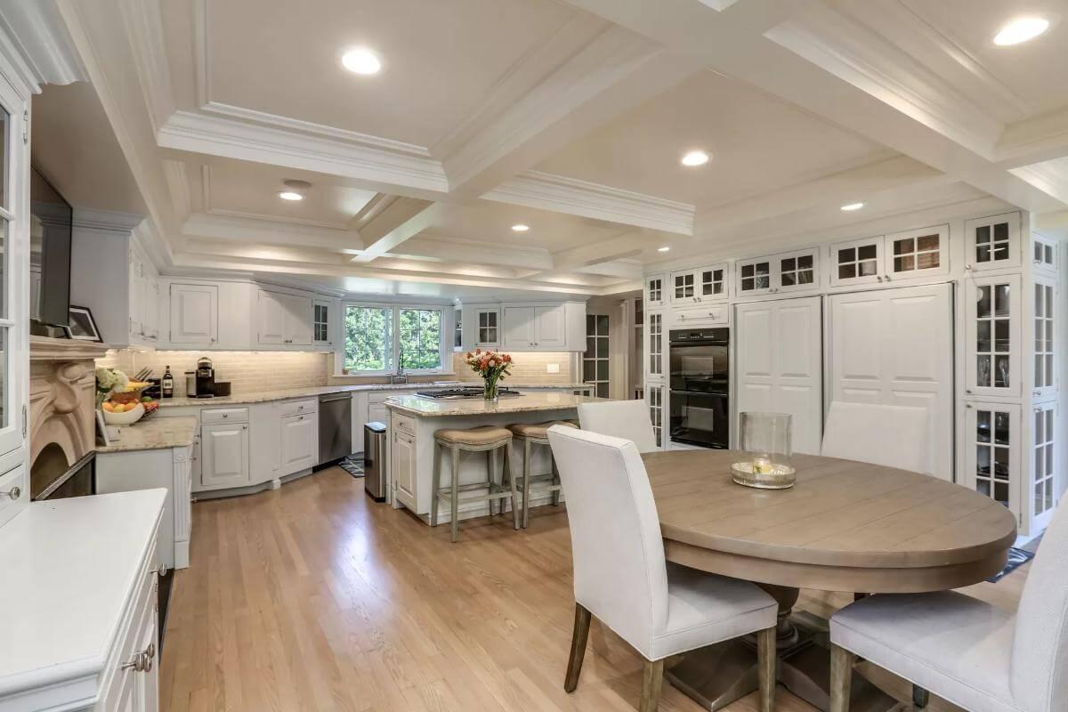 Expansive Kitchen with Coffered Ceilings and an Island for Every Occasion