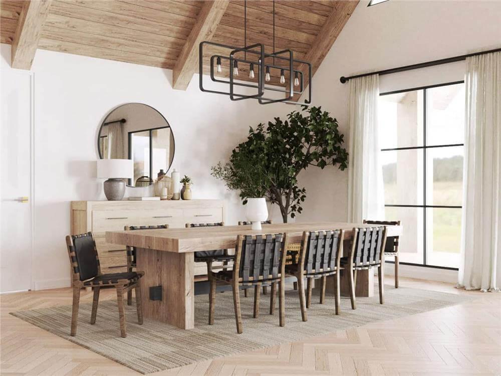 Admire the Modern Dining Room with Vaulted Wood Ceilings
