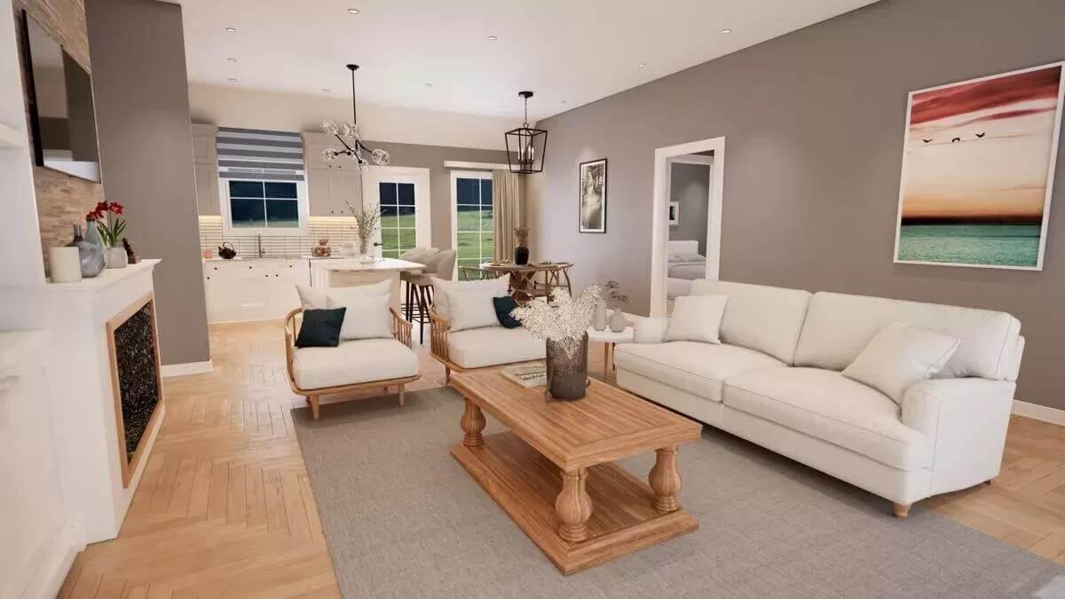 Open-Concept Living Room with Inviting Neutral Tones and a Striking Light Fixture