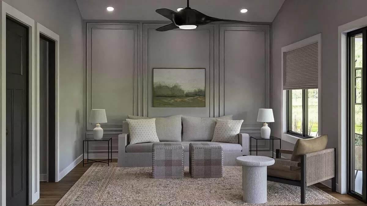 Elegant Sitting Area with Modern Fan and Subtle Paneling
