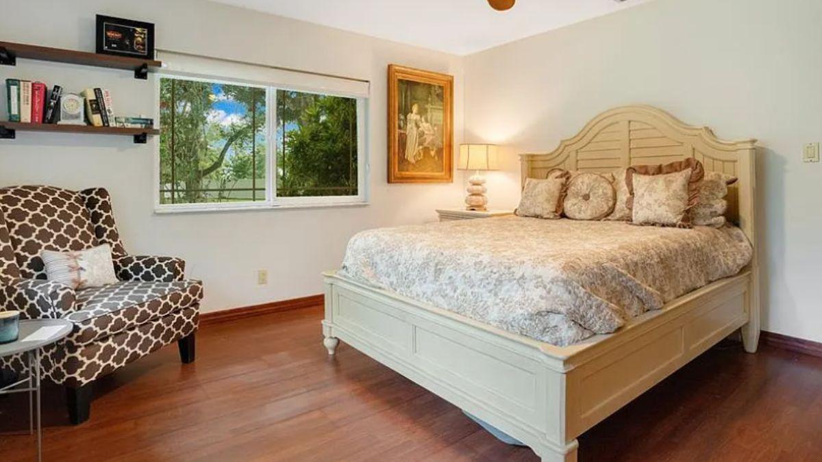 Spot the Patterned Armchair Adding Flair to This Serene Bedroom