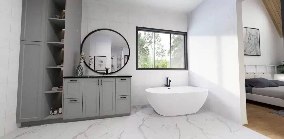 Notice the Freestanding Tub and Circular Mirror in This Modern Bathroom