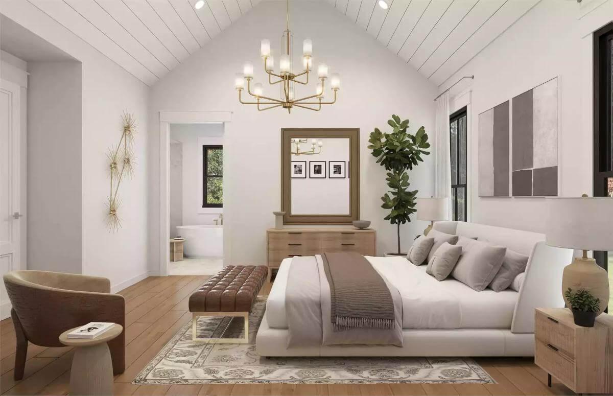 Serene Primary Suite with Vaulted Ceiling and Modern Chandelier