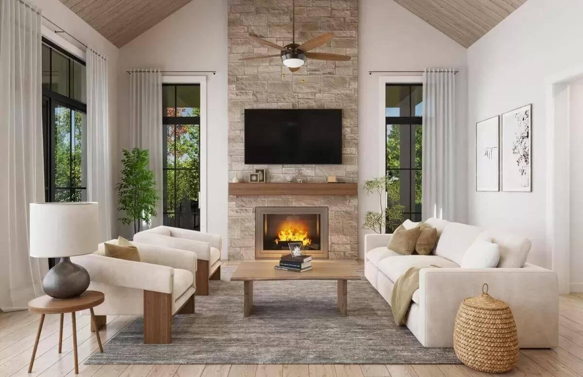 Cozy Gathering in a Great Room with a Stone Fireplace