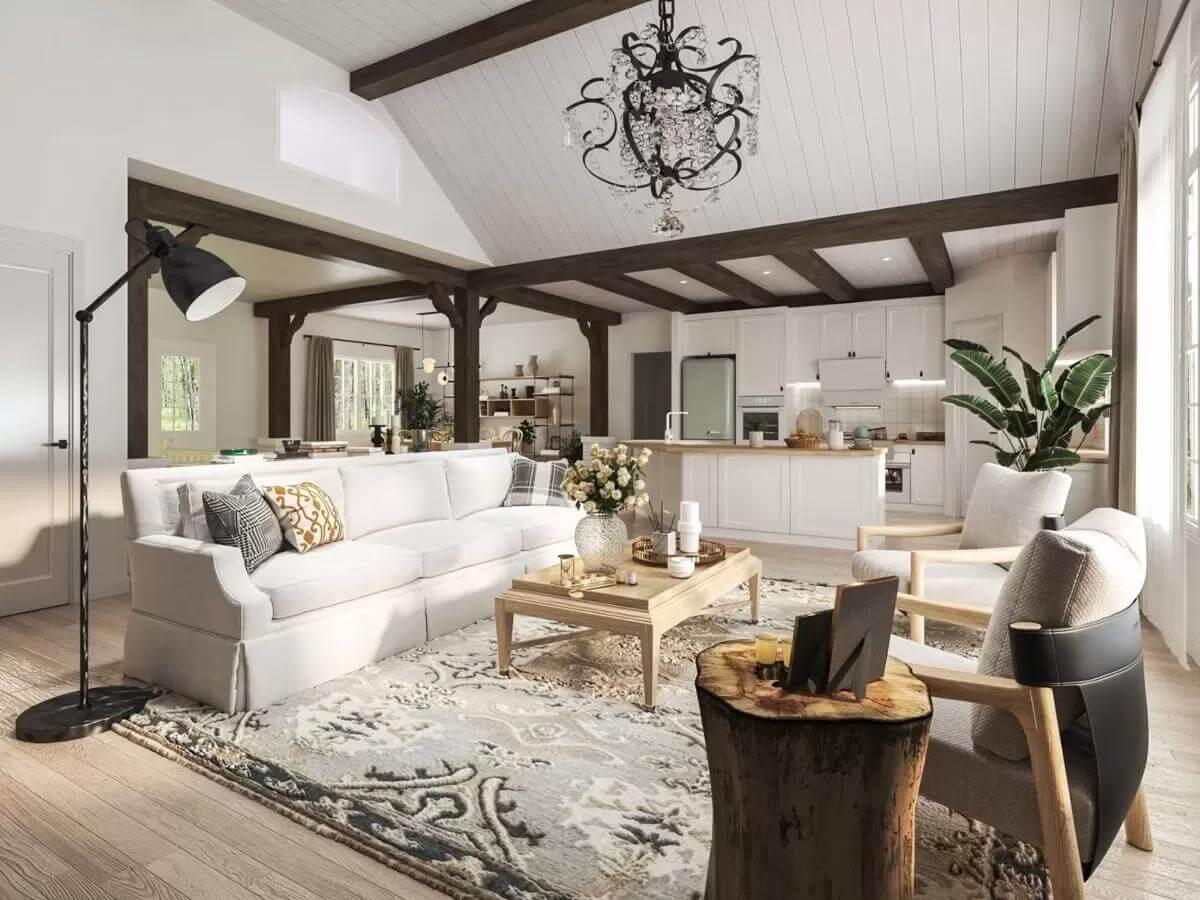 Notice the Open-Concept Living Room with Exposed Beams
