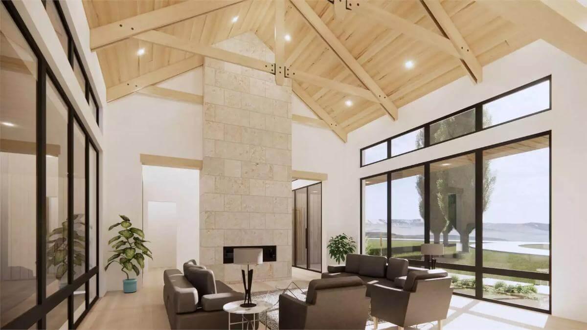 Striking Stone Fireplace Takes Center Stage in This Light-Filled Living Room