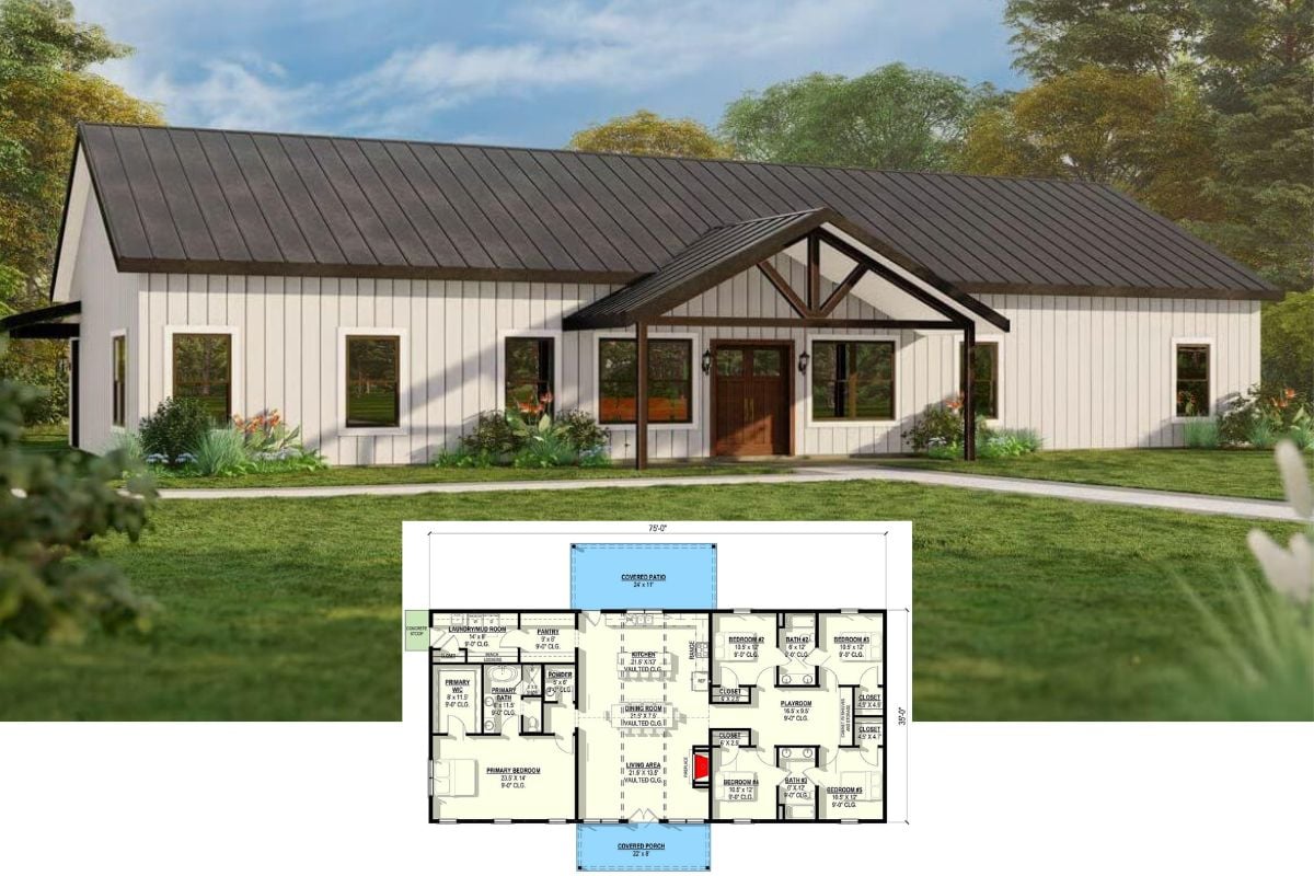 Barndominium-Style 5-Bedroom Home with Open-Concept Living and Jack & Jill Bathrooms (Floor Plan)