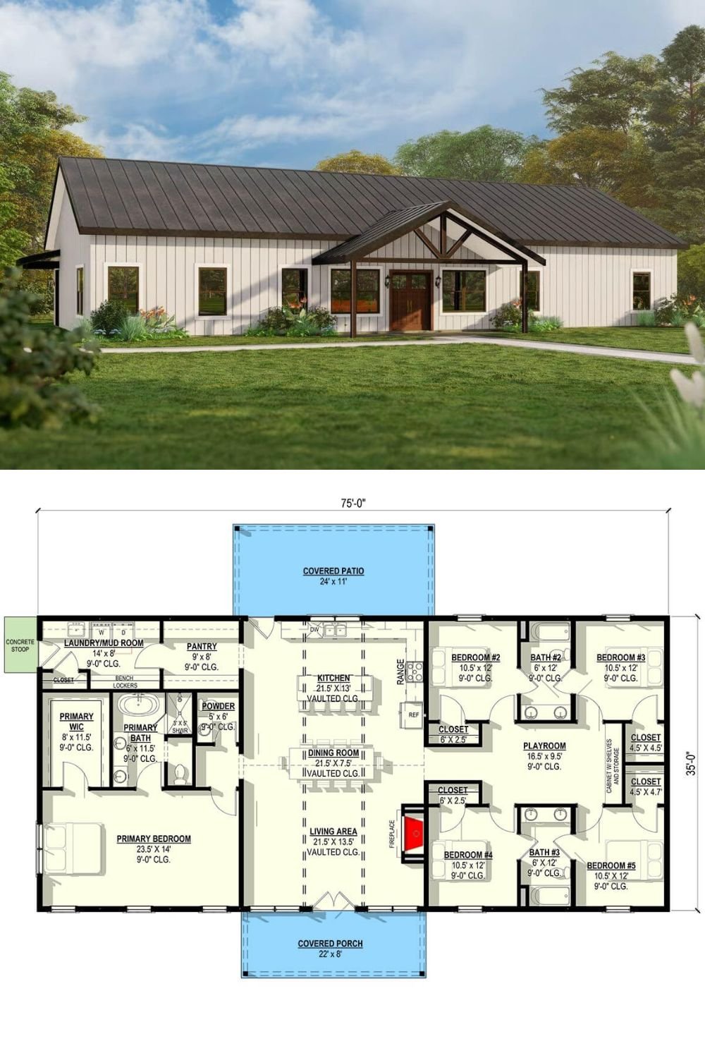 This modern barndominium home blends simplicity with rustic elegance. The exterior showcases clean board-and-batten siding in a soft white tone, contrasted by a sleek dark metal gable roof that extends over a prominent front porch. Exposed timber trusses and posts at the entry add a touch of craftsmanship, while symmetrical window placements offer a balanced and welcoming aesthetic.