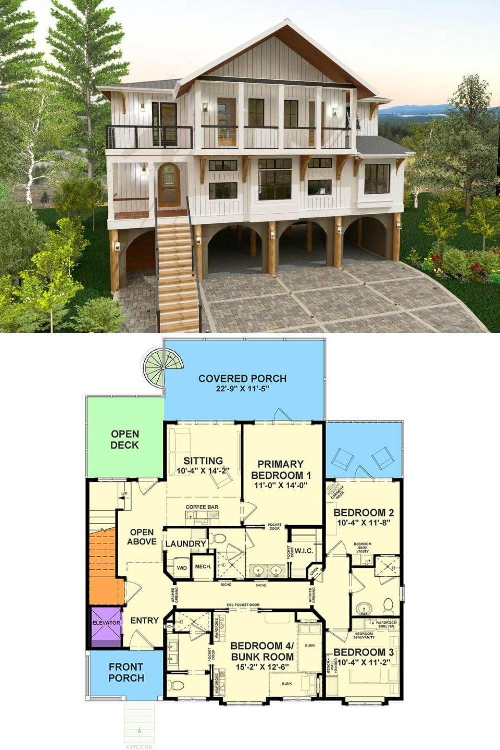 This coastal contemporary home features a striking stilted design ideal for waterfront or sloped lots. The crisp board-and-batten exterior is paired with natural wood accents under the gables and supporting brackets, offering a blend of modern lines and warm, rustic charm. Large windows and glass doors bring in abundant natural light, while the expansive front staircase and dual-level porches create a bold, elevated entry presence.
