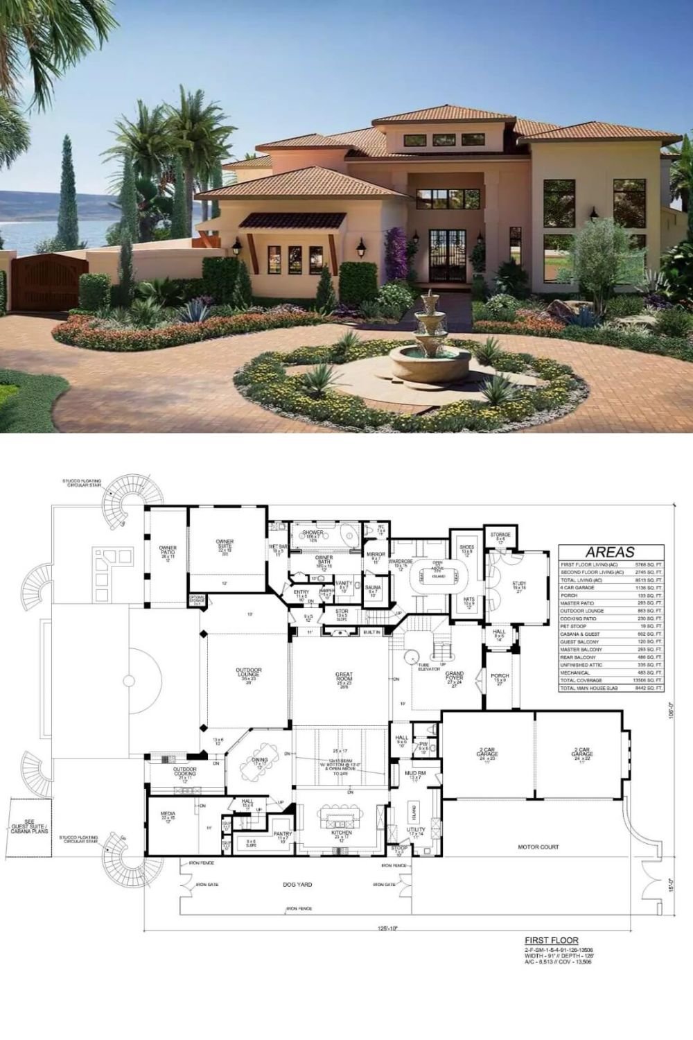 This Mediterranean home features a dramatic façade with smooth stucco walls, low-pitched clay tile roofs, and elegant columns framing the grand entry. A series of tall windows and arched architectural accents emphasize the home’s scale and symmetry, while a gated side entrance adds privacy and curb appeal.