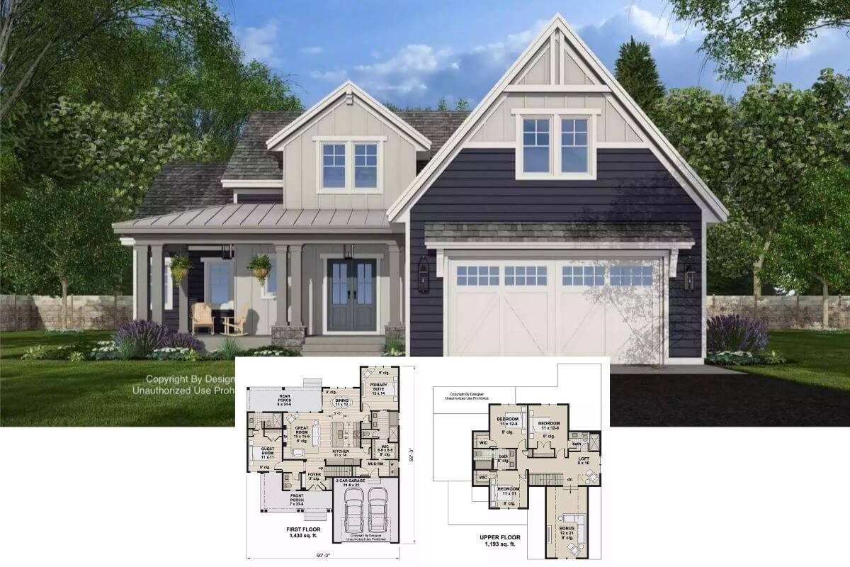 Farmhouse-Style 5-Bedroom Home with Loft and Bonus Room (Floor Plan)