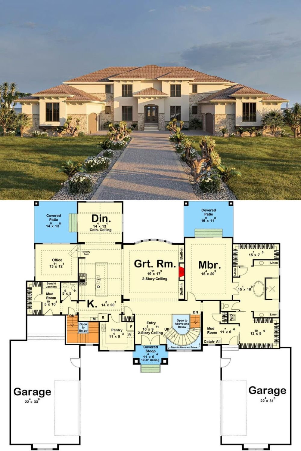 This Mediterranean-style estate radiates elegance and grandeur with a stately façade that incorporates warm stucco walls, stone accents, and a tiled hip roof. Symmetry defines the design, with a centered covered stoop and arched windows and doors providing visual rhythm across the front elevation. The dual garages on each side of the home reinforce its balance and accessibility.