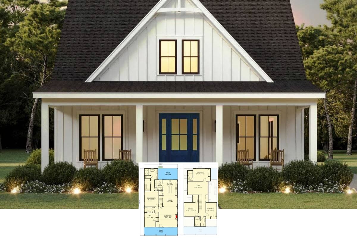 5-Bedroom Modern Farmhouse with Entry Porch and Loft (Floor Plan)