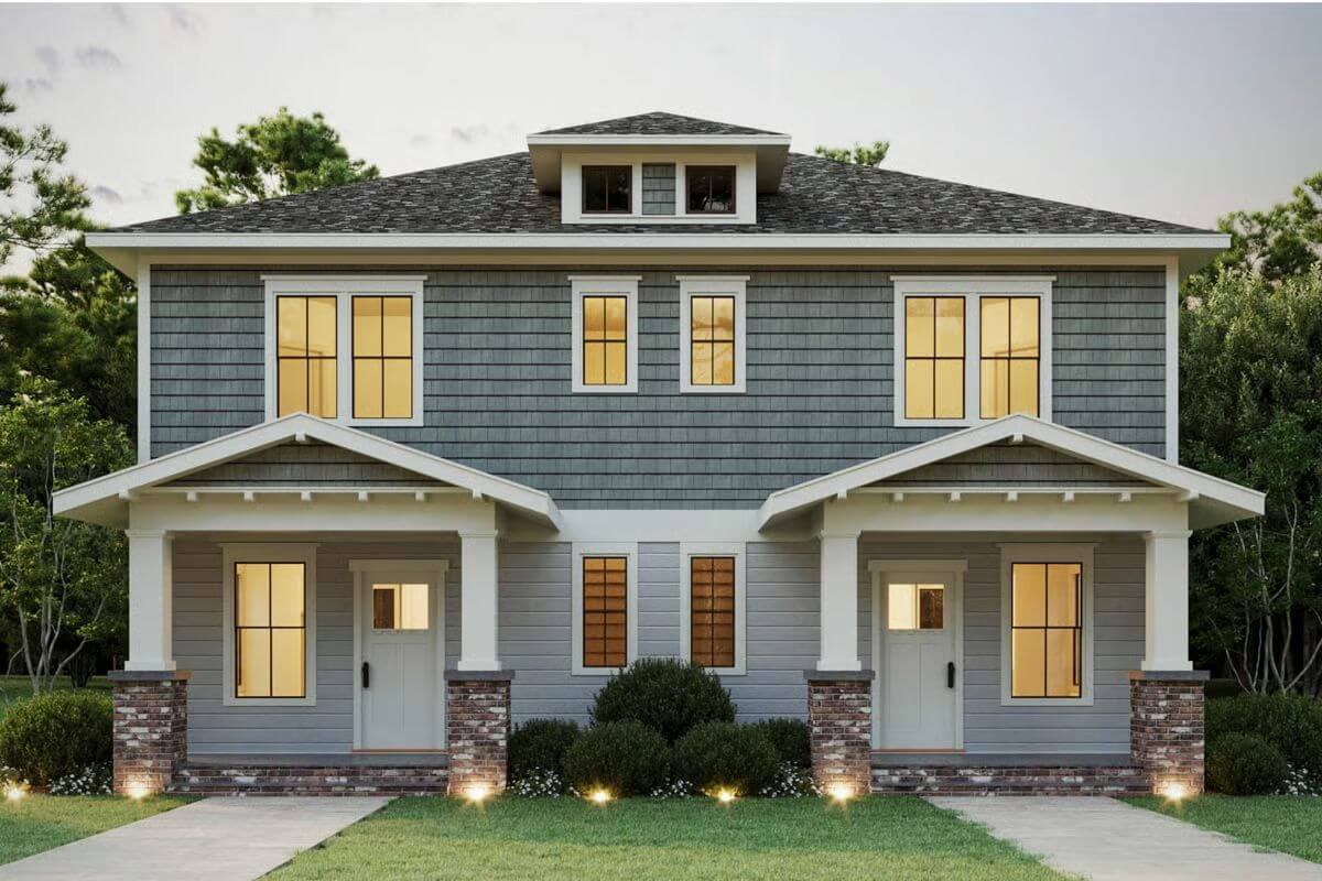 Craftsman-Syle Home with Front Porches and 2-Bed Units (Floor Plan)