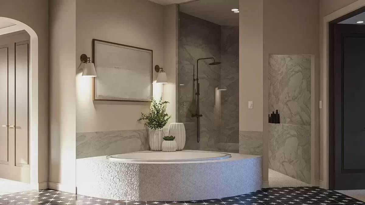 Explore the Tranquility of This Round Soaking Tub and Marble Shower