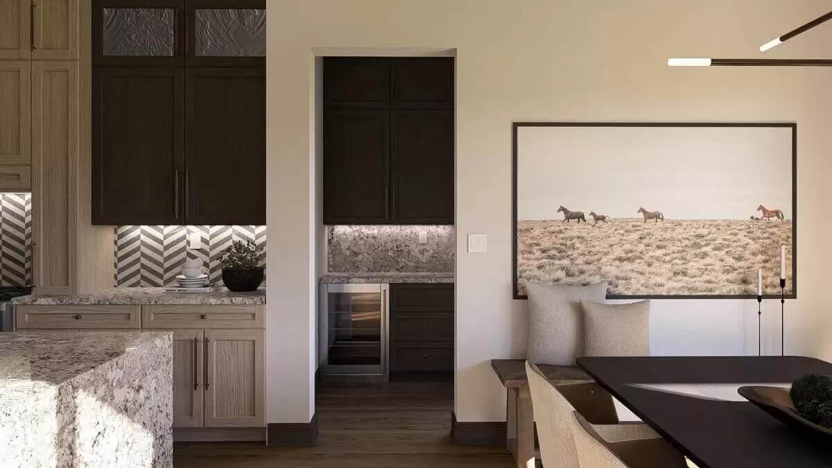 Chevron Backsplash and Horse Artwork Highlight this Cozy Kitchen Alcove
