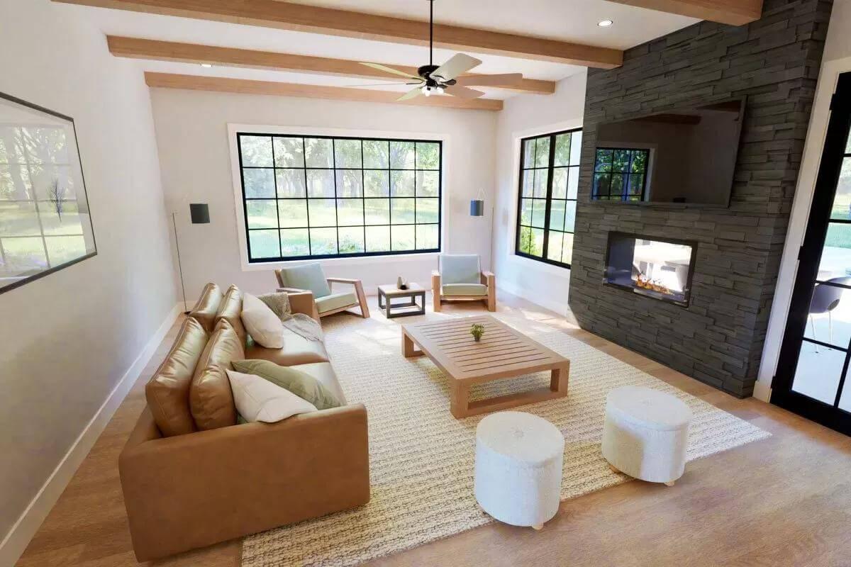 Cozy Family Room with a Striking Dark Stone Fireplace