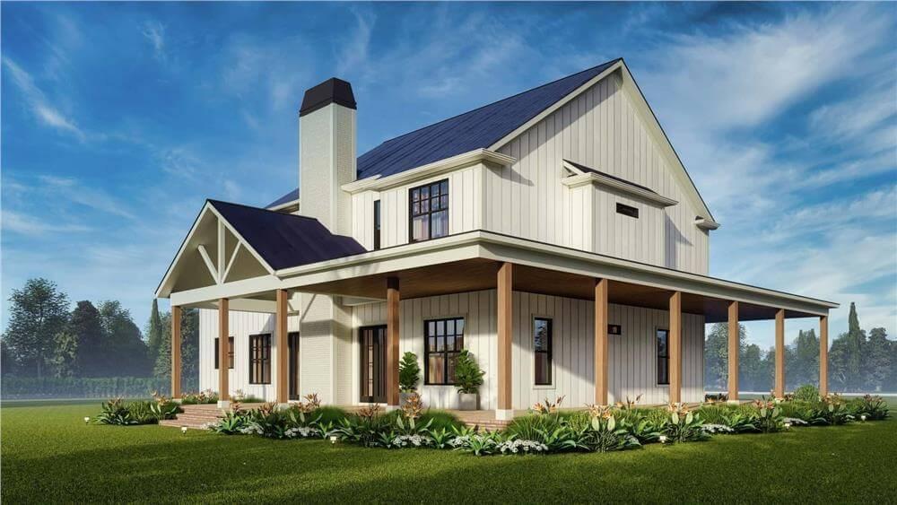 Charming Wraparound Porch and Classic Chimney in Modern Farmhouse