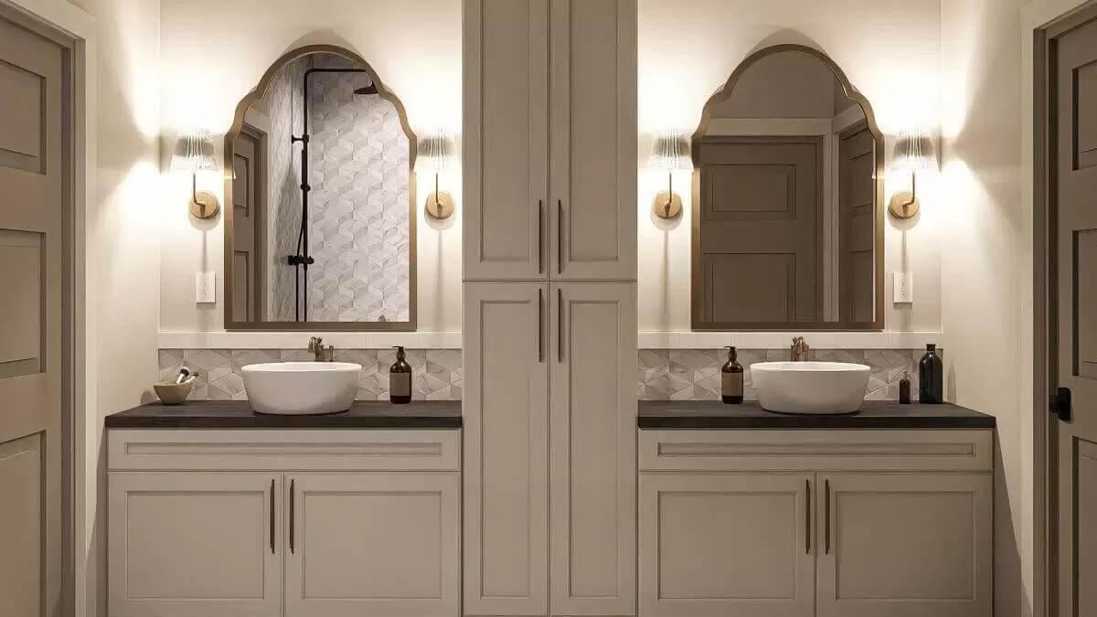 Elegant Dual Vanity Bathroom with Intricate Geometric Tile
