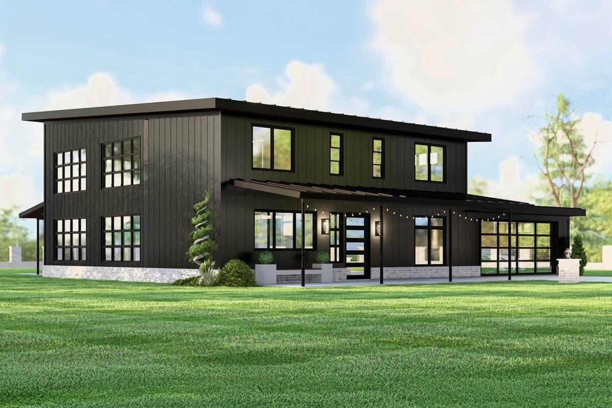 Modern Farmhouse with Striking Black Facade and Expansive Windows