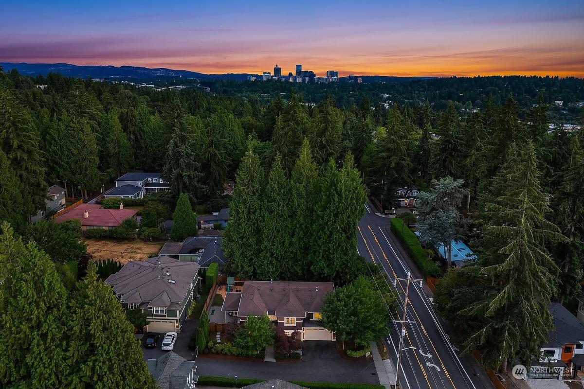 Sunset Serenity: Aerial View Overlooking Craftsman Homes Among Towering Trees