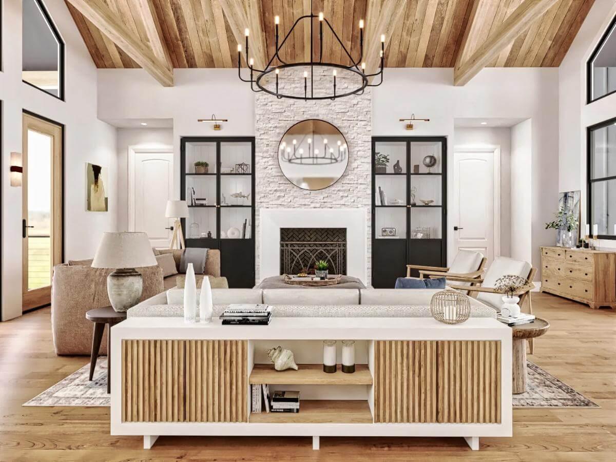 Spot the Eye-Catching Wooden Ceiling and Modern Fireplace
