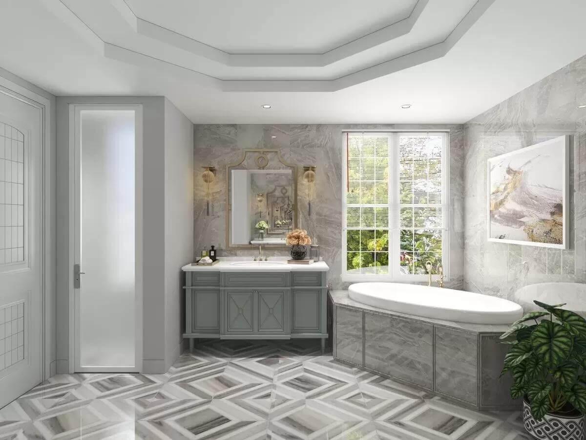 Marvel at This Luxurious Bathroom with Marble Highlights and an Arched Tub