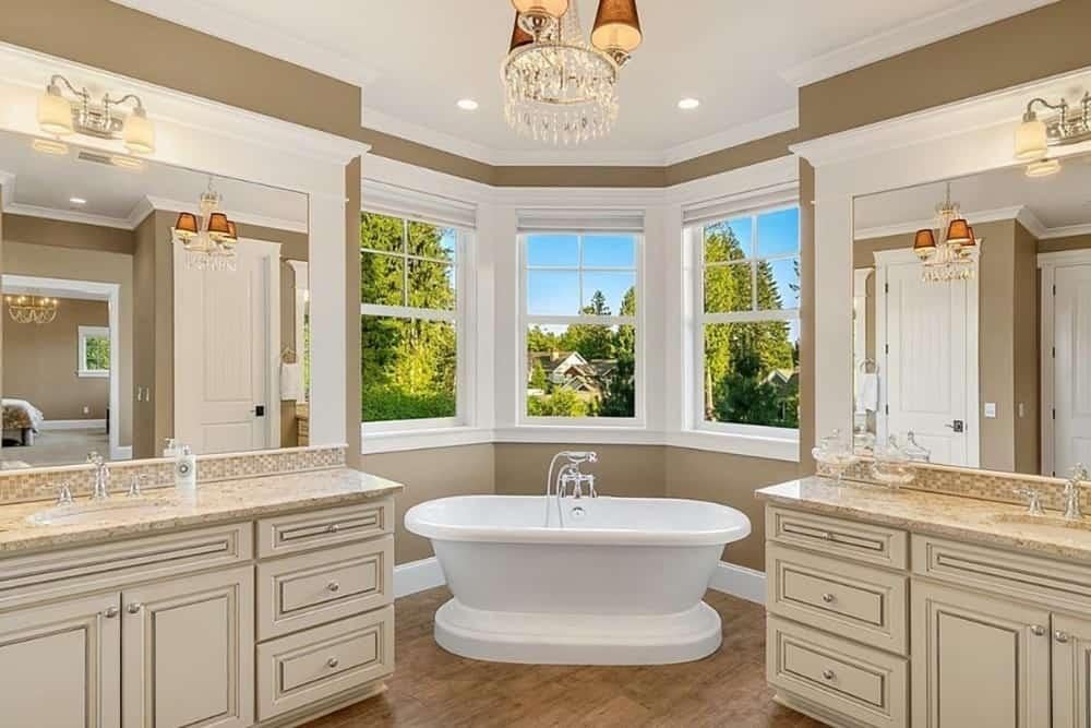 Take in the Craftsman Elegance with a Freestanding Bathtub Under Bay Windows