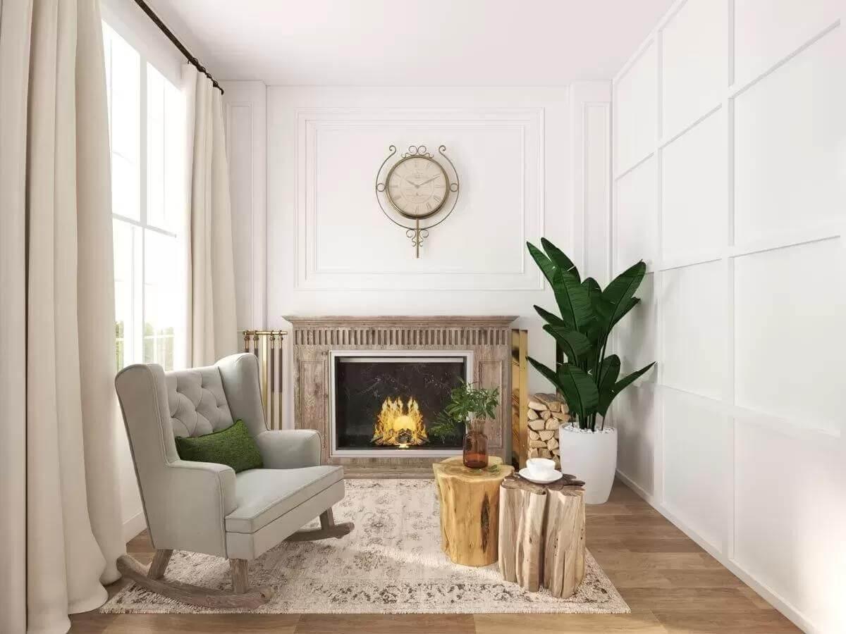 Lean Into Relaxation with This Fireplace Nook and Its Log Side Table