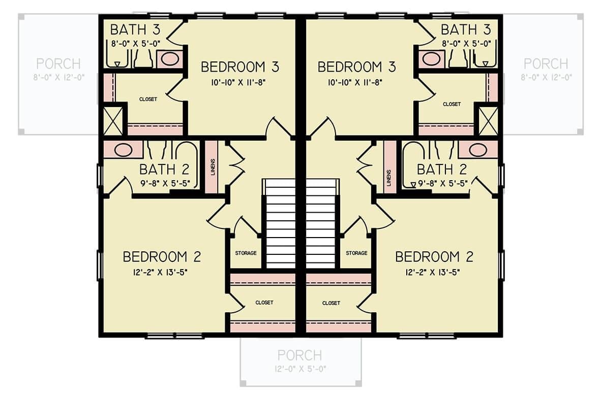 Symmetrical Upper Floor Design with Dual Porches