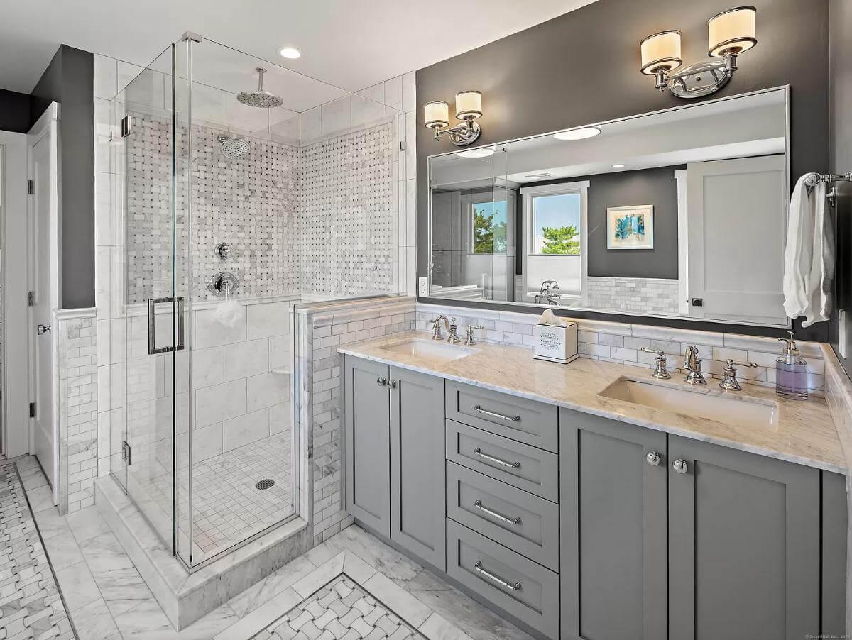 Stylish Bathroom with Dual Sinks and a Walk-In Shower