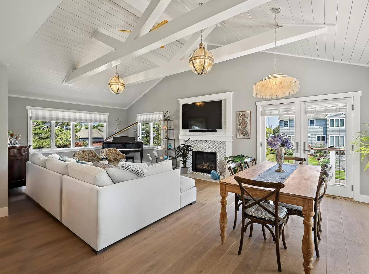 Coastal Living Room with Vaulted Ceilings and a Grand Piano
