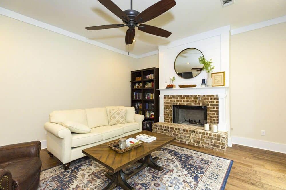Craftsman Living Room with a Rustic Brick Fireplace