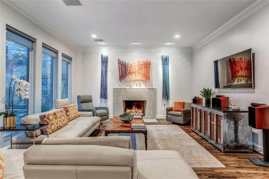 Modern Living Room with Striking Fireplace Art Installation