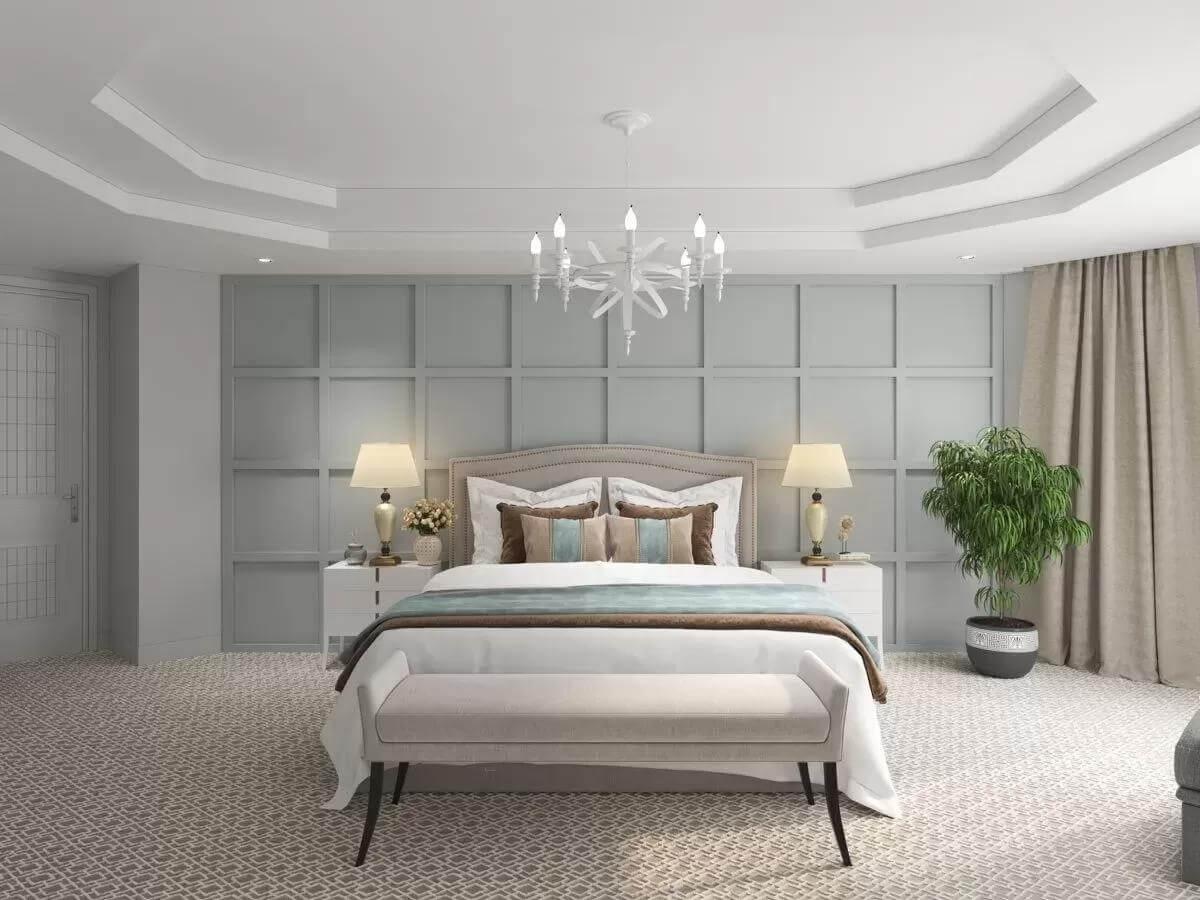 Immerse Yourself in This Elegant Bedroom with Soft Paneling and Plush Textiles