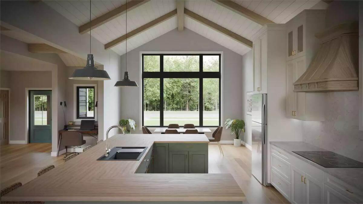 Appreciate the Vaulted Ceilings and Expansive Views in This Modern Kitchen