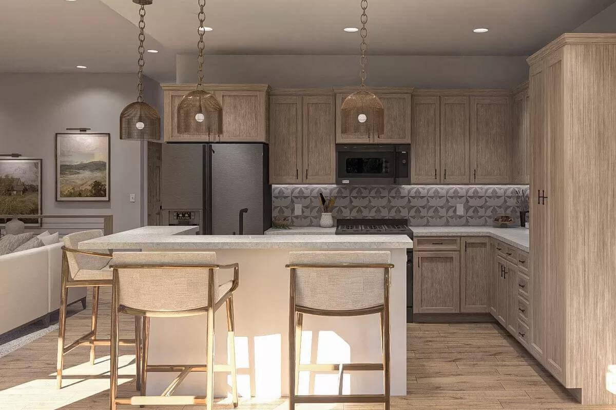Rustic Kitchen with Textured Backsplash and Warm Wood Accents