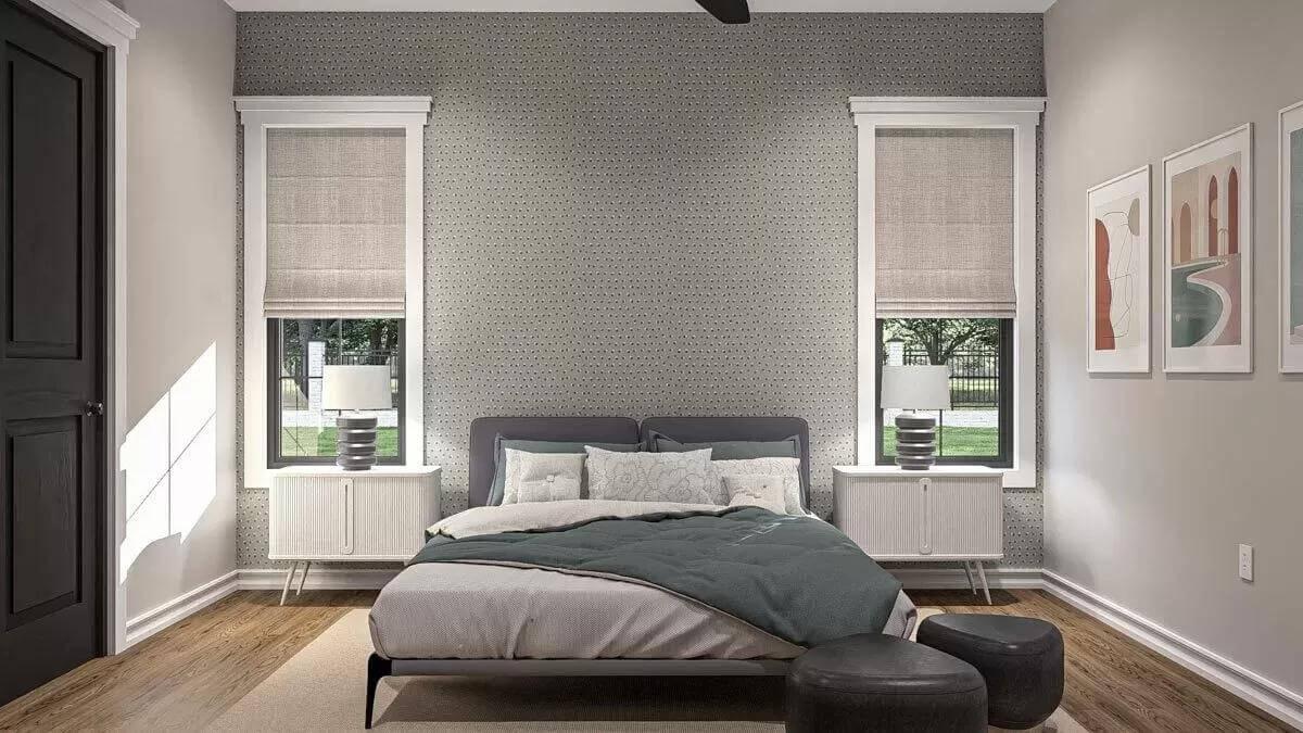 Observe the Thoughtful Use of Textured Wallpaper and Cozy Bedding