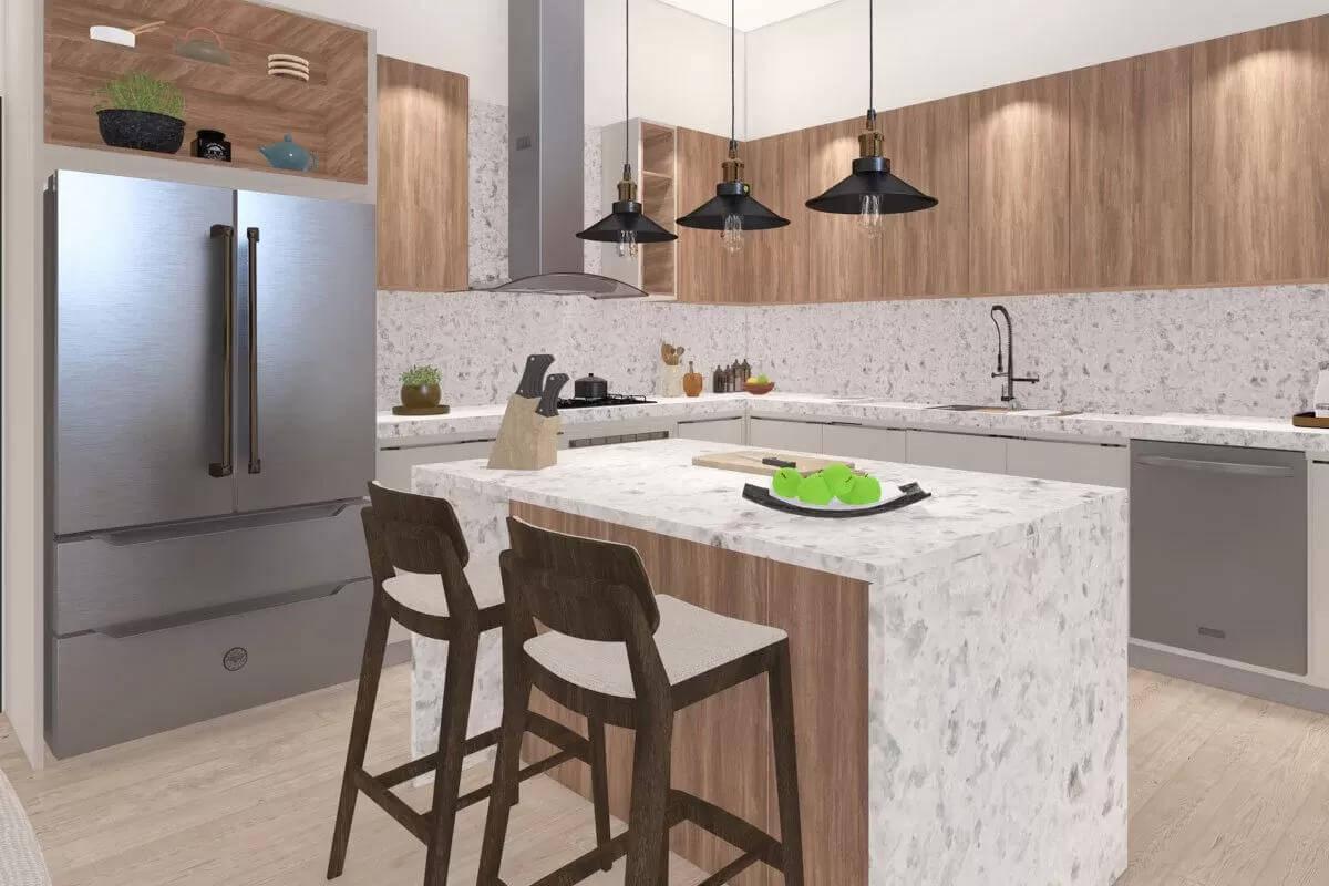 Wow, Look at the Waterfall Quartz Island in This Contemporary Kitchen