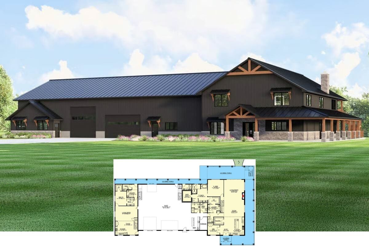 Barndominium-Style 6-Bedroom Home with Loft and In-Law Suite (Floor Plan)