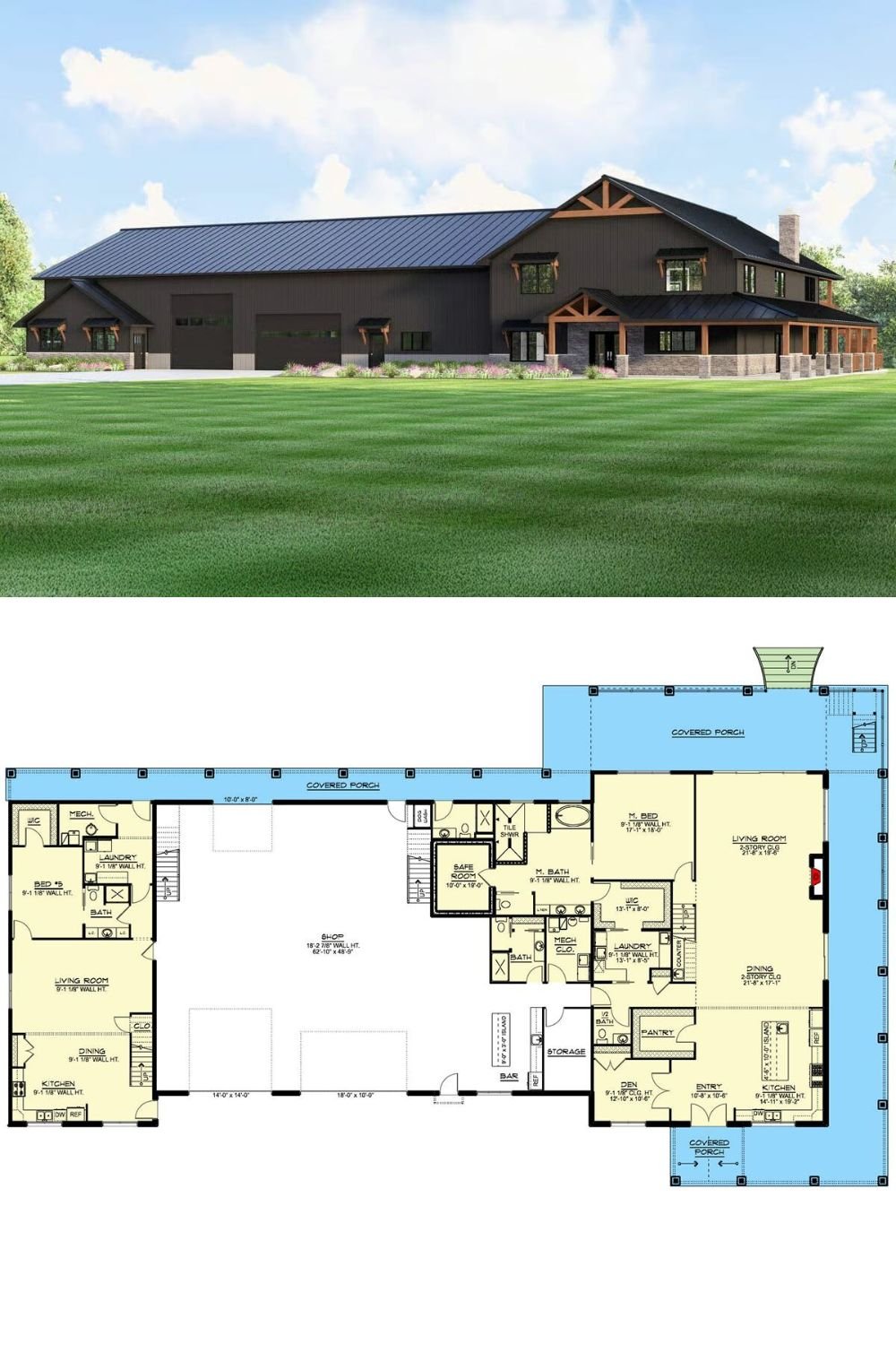 This barndominium-style residence features a bold and contemporary exterior with dark vertical siding, metal roofing, and warm natural wood accents. Large windows and dormers enhance the front elevation, bringing visual balance to the sprawling structure. Decorative trusses and wood posts frame the entry and covered porches, adding rustic charm to the modern industrial aesthetic.