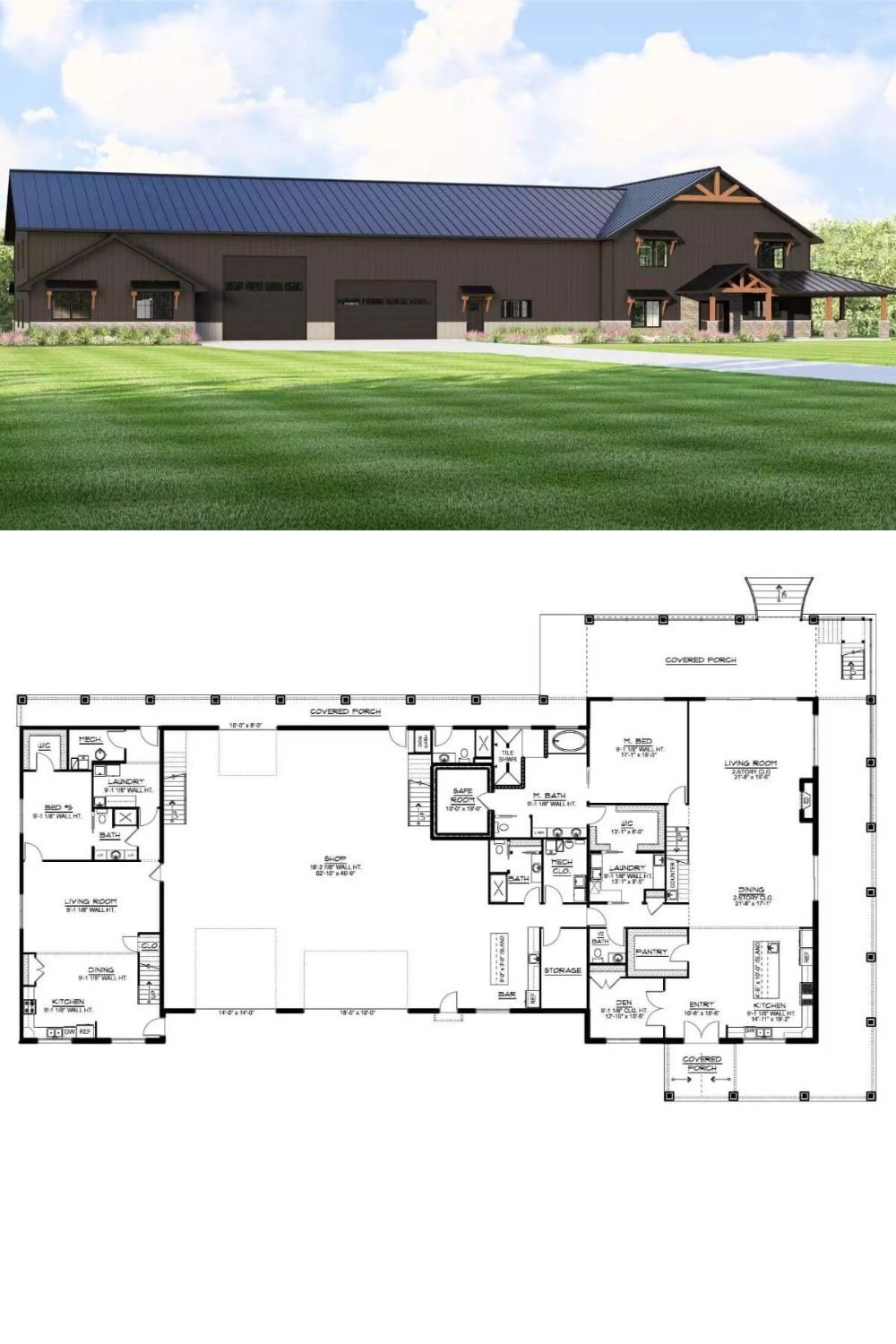 This modern barndominium features a bold, dark exterior with rustic wood accents and a metal roof, blending industrial edge with farmhouse charm. Its symmetrical layout and exposed trusses over both porch areas add character and strength to the façade. Multiple large garage doors are seamlessly incorporated into the front, hinting at the home's versatility and expansive interior space.